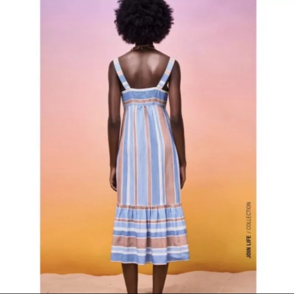 ZARA Blue Brown Striped Sleeveless Ruffle Hem Linen Viscose Summer Midi Dress - Picture 4 of 7